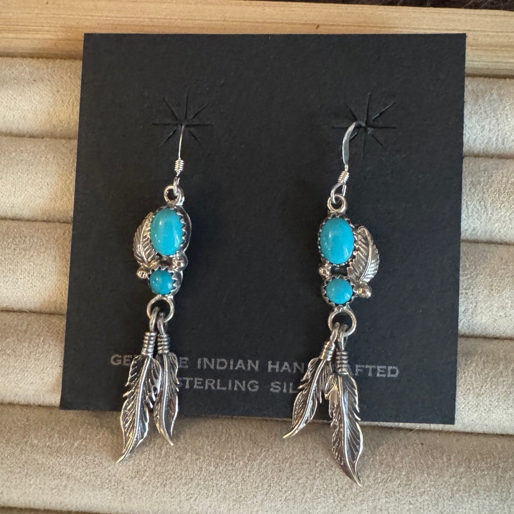 Last One- Navajo sterling feather earrings turquoise stones by Annie Spencer